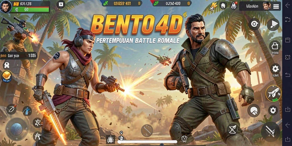 Screenshot utama BENTO4D menampilkan aksi seru dalam pertempuran Battle Royale.