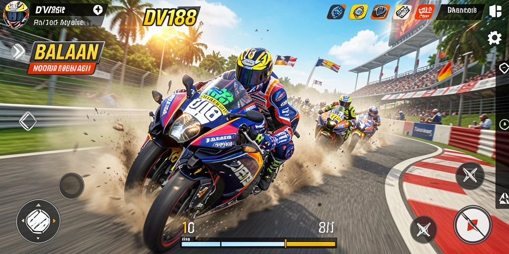Screenshot gameplay DV188 menampilkan aksi balapan motor yang seru.