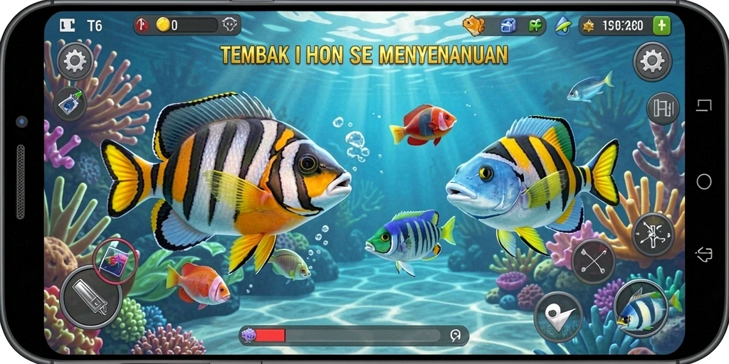 Screenshot utama T6 menampilkan aksi menembak ikan yang menyenangkan.