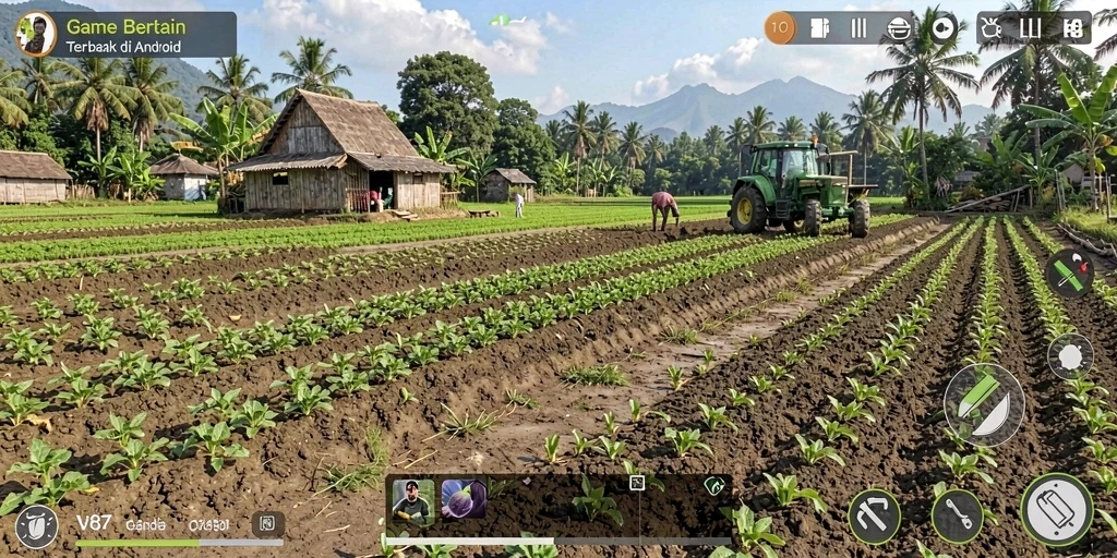 Screenshot gameplay V87 yang menampilkan ladang dan tanaman yang rimbun.