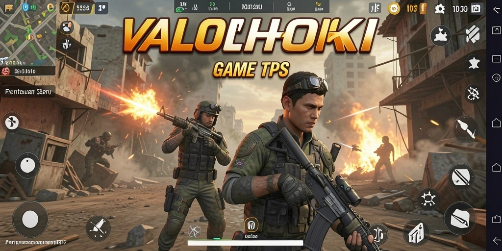 Screenshot utama VALOHOKI menunjukkan aksi tembak-menembak yang seru dalam permainan TPS.