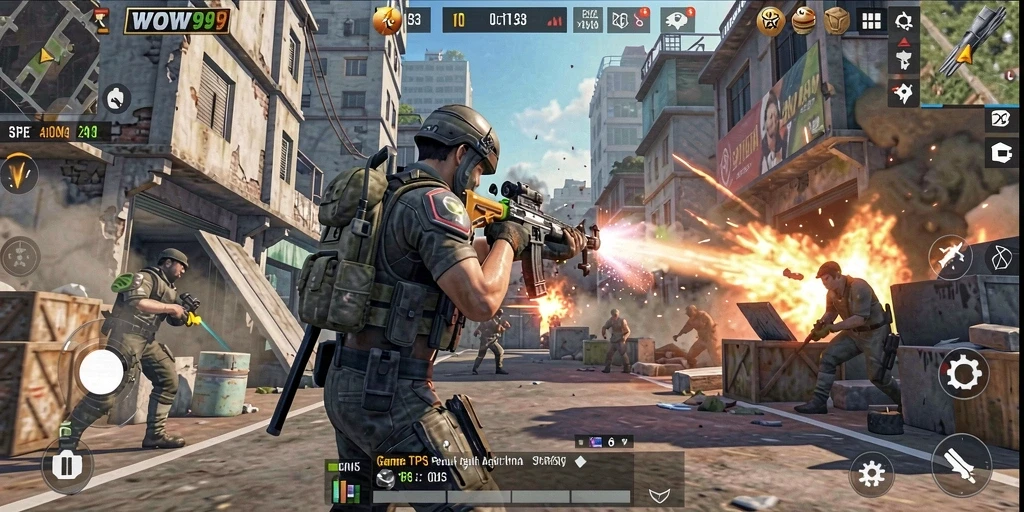 Tampilan gameplay WOW99 yang mendebarkan di dalam pertempuran TPS.