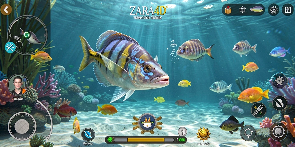 Tampilan gameplay seru dalam ZARA4D saat menembak ikan.